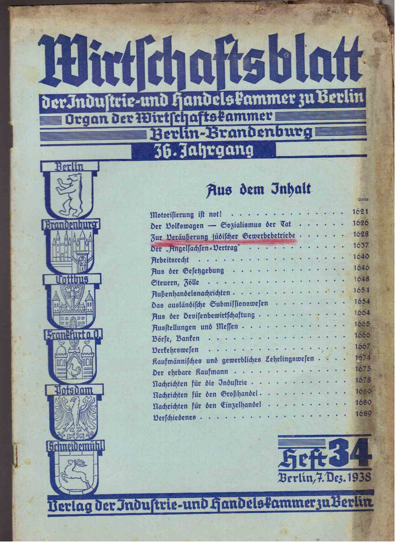 Wirtschaftsblatt der Industrie- und Handelskammer zu Berlin. Organ der Wirtschaftskammer Berlin-Brandenburg. 36. Jahrgang, Heft 34