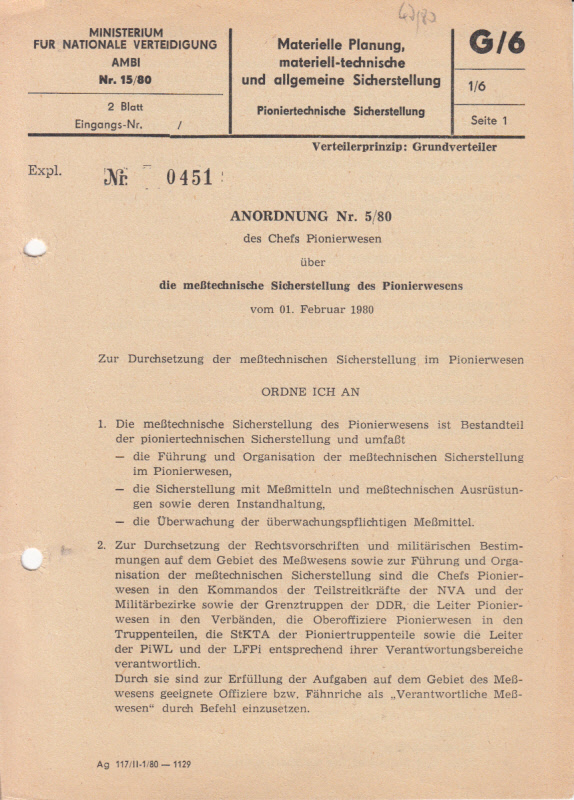 Anordnung Nr. 5(80) über die meßtechnische Sicherstellung im Pionierwesen vom 1. Febr. 1980 Anordnung Nr. 5(80) über die meßtechnische Sicherstellung im Pionierwesen vom 1. Febr. 1980