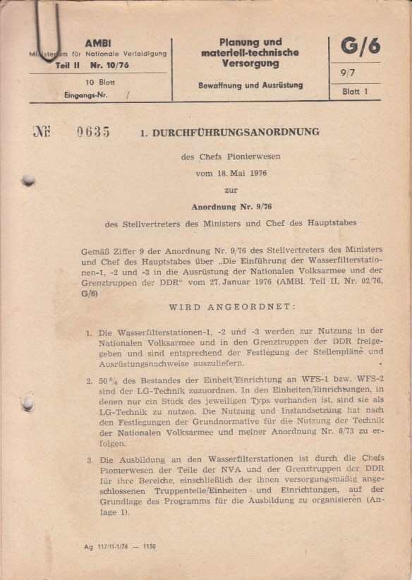 1. Durchführungsanordnung vom 18. Mai 1975 zur Anordnung Nr. 9(76) über die Einführung der Wasserfilterstationen 1. Durchführungsanordnung vom 18. Mai 1975 zur Anordnung Nr. 9(76) über die Einführung der Wasserfilterstationen