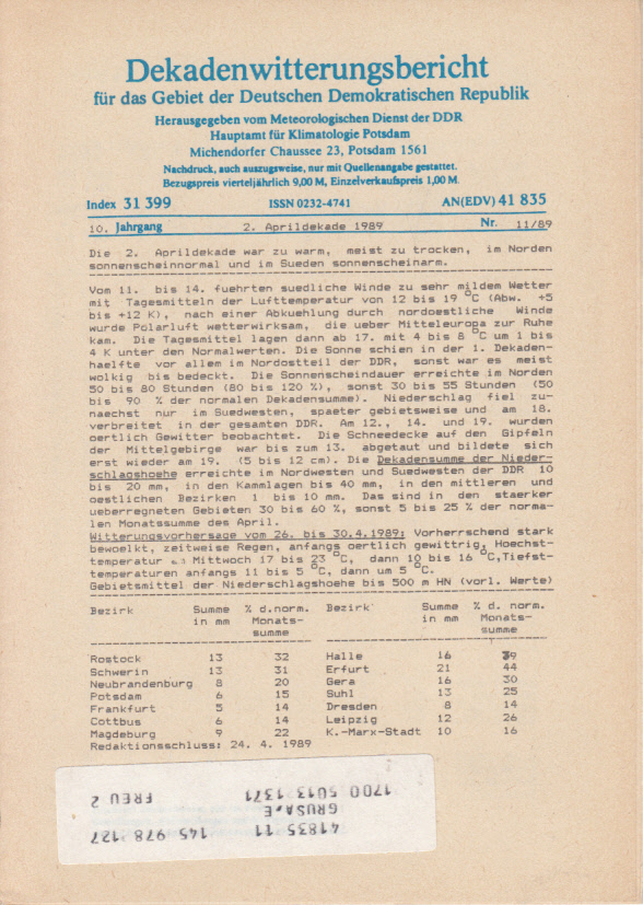 Dekadenwitterungsbericht für das Gebiet der DDR, 10. Jg., Nr. 11(1989) Dekadenwitterungsbericht für das Gebiet der DDR, 10. Jg., Nr. 11(1989)