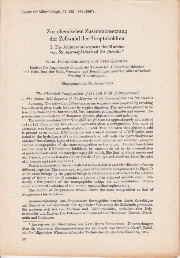Zur chemischen Zusammensetzung der Zellwand der Streptokokken. I. Die Aminosäuresequenz des Mureins von Str. thermophilus und Str. faecalis Zur chemischen Zusammensetzung der Zellwand der Streptokokken. I. Die Aminosäuresequenz des Mureins von Str. thermophilus und Str. faecalis